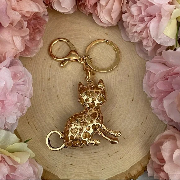 Pink Striped Crystal Egyptian Tabby Cat Keychain Charm - Picture 13 of 16